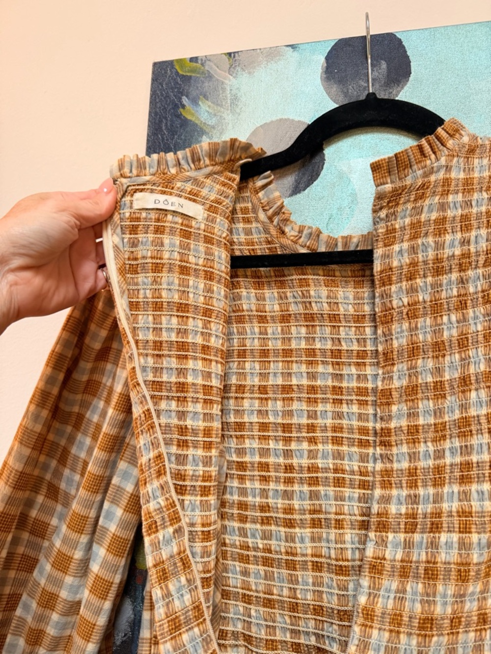 Doen Medina Dress - Gingham tan light blue tiered smocked ruffled size small - Picture 11 of 12